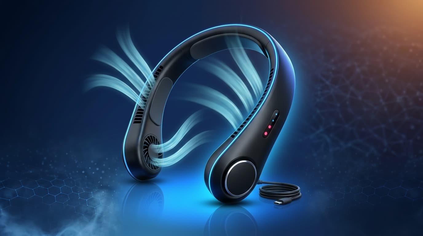 Portable bladeless neck fan with visible airflow — USB-C rechargeable summer cooling wearable