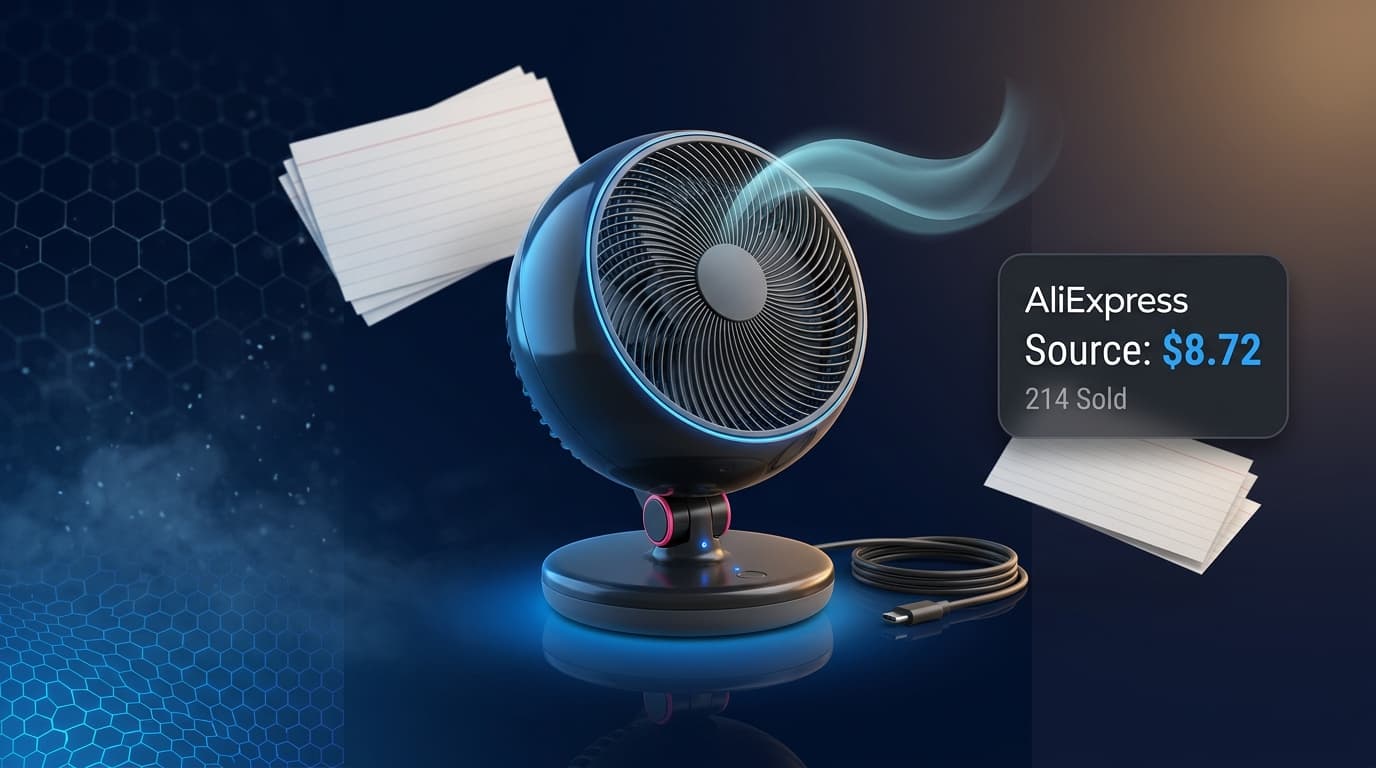 Portable mini USB desk fan with real AliExpress source price badge — $8.72, 214 sold