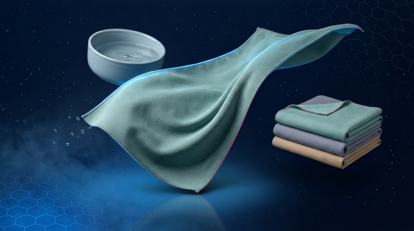 Evaporative cooling towel mid-unfurl with water droplets, 3-pack in matching colours