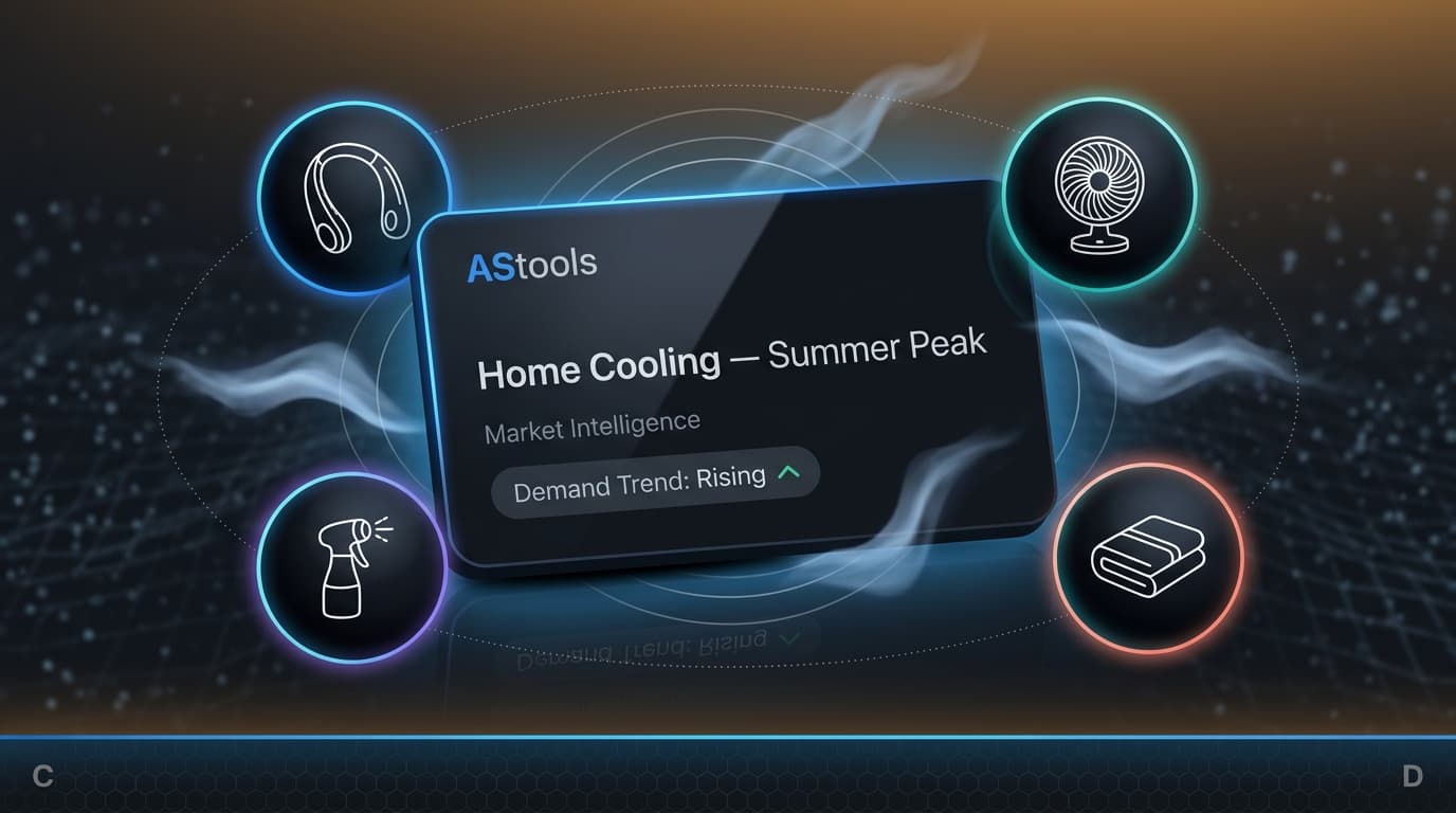 Home cooling products trending July 2026 — AliShopping Tools demand-trend panel showing rising cooling category, neck fan, desk fan, misting fan, cooling towel