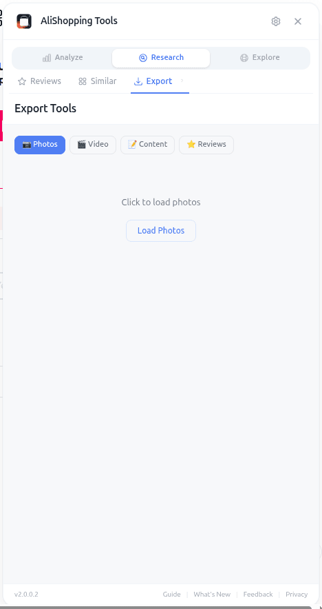 AliShopping Tools Export tab packaging AliExpress product images, title, and description for one-click Shopify import