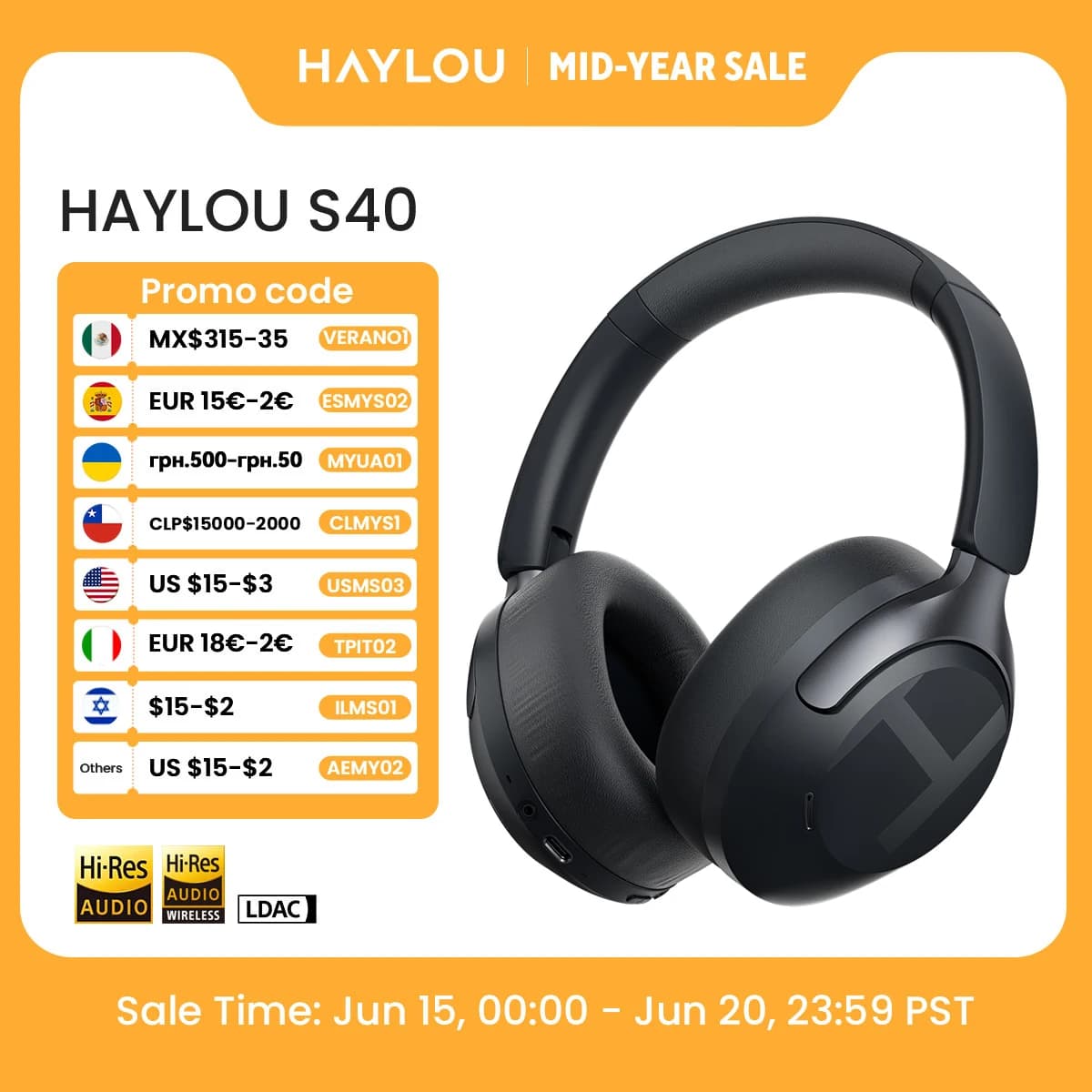 HAYLOU S40 ANC Wireless Headphone 50dB Noise Canceling Hi-Res 3D Spatial Audio Earphone with LDAC Bluetooth 6.0 Over Ear Headset