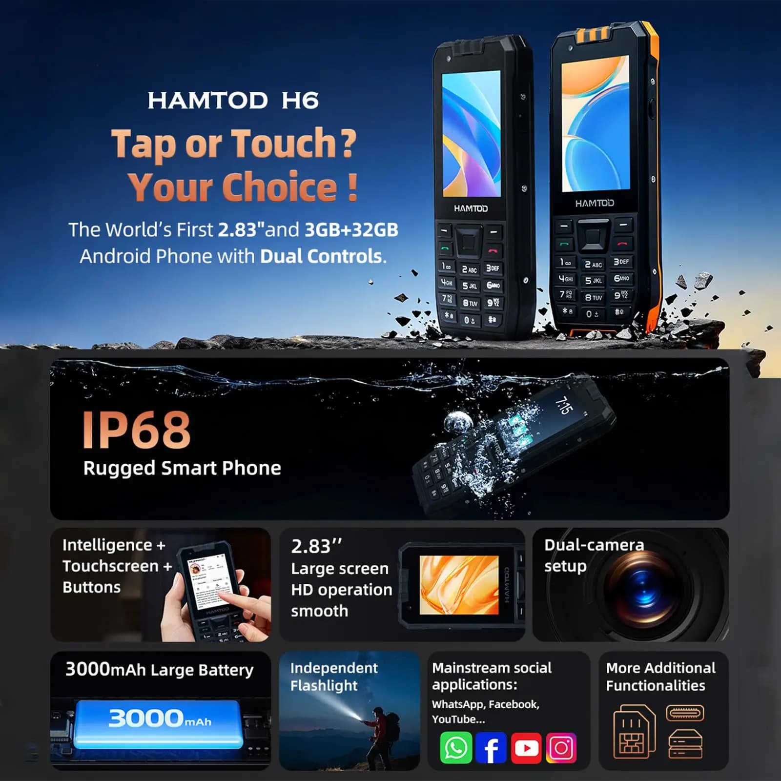 HAMTOD H6 Rugged Phone 3GB ROM 32GB RAM 2.83 inch Screen 5MP Rear Camera 3000mAh Battery Android 11 Support VoLTE 4G Cellphone