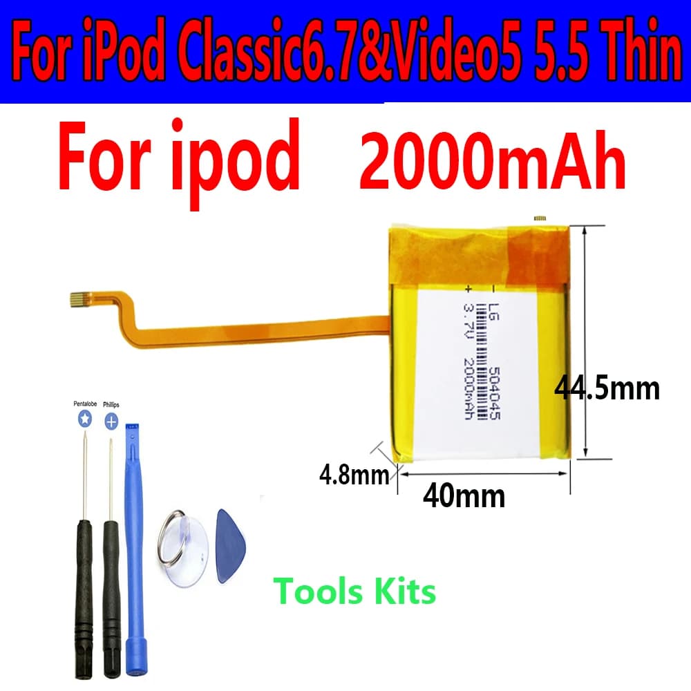 2000mAh Square Battery Upgrade SSD replacement for iPod Classic 6.7&Video 5 5.5 Thin