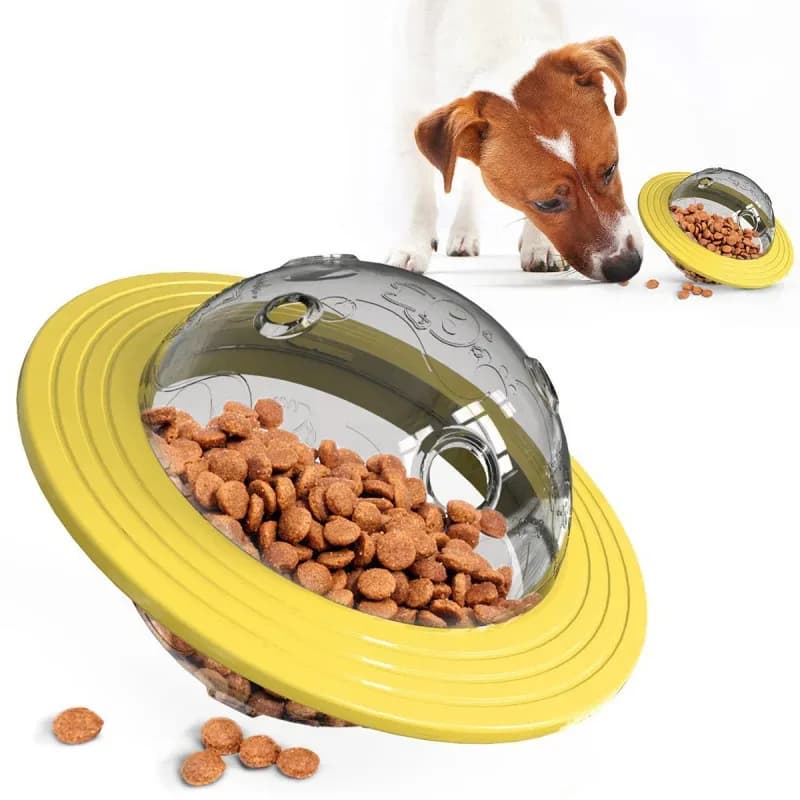 Unbreakable Flying Saucer Dog Toy for Aggressive Chewers Interactive UFO Treat Dispenser Wobble Ball Food Feeder Puzzle