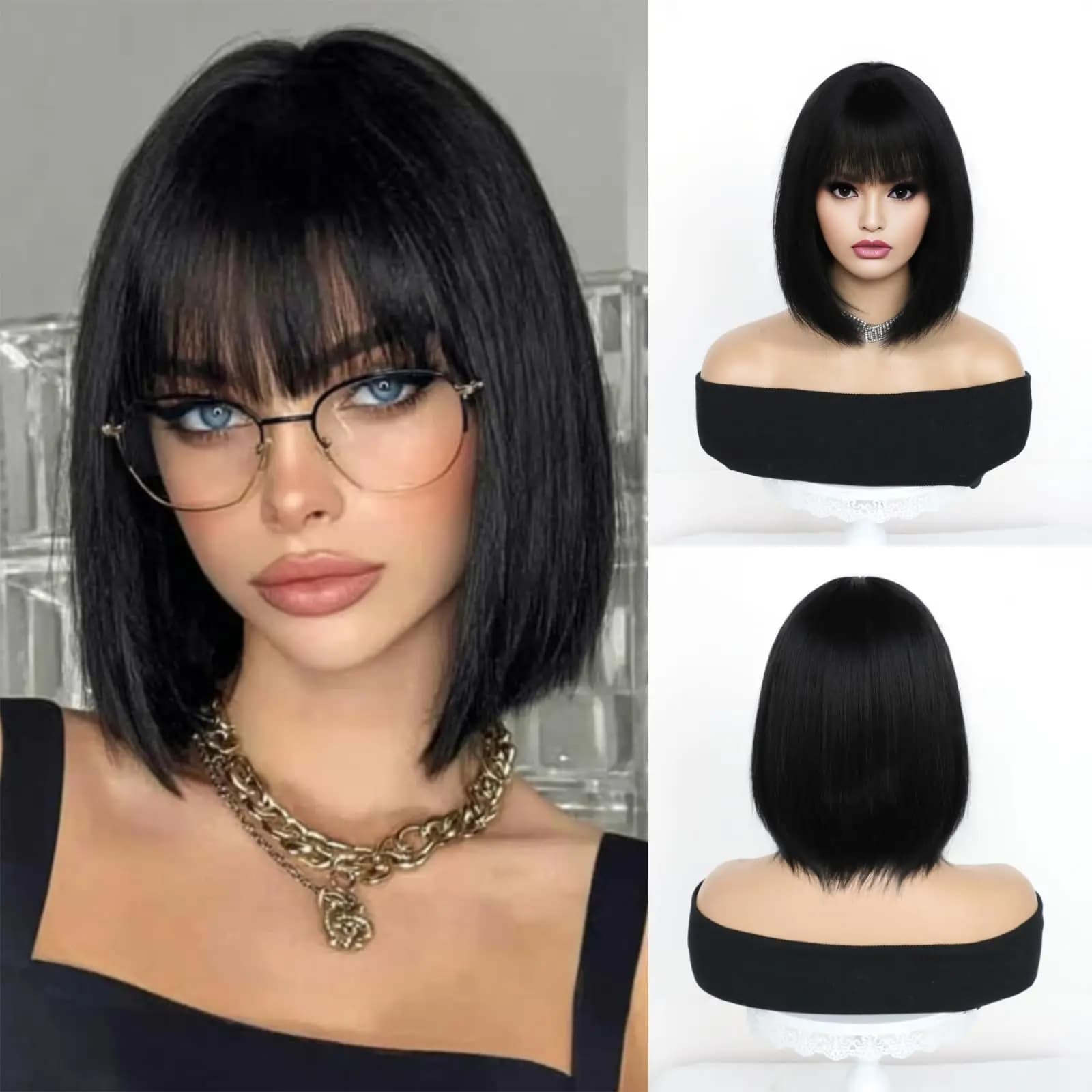 New black bob hairstyle synthetic wig for party, Halloween cosplay, daily use high-temperature hair accessory wig set