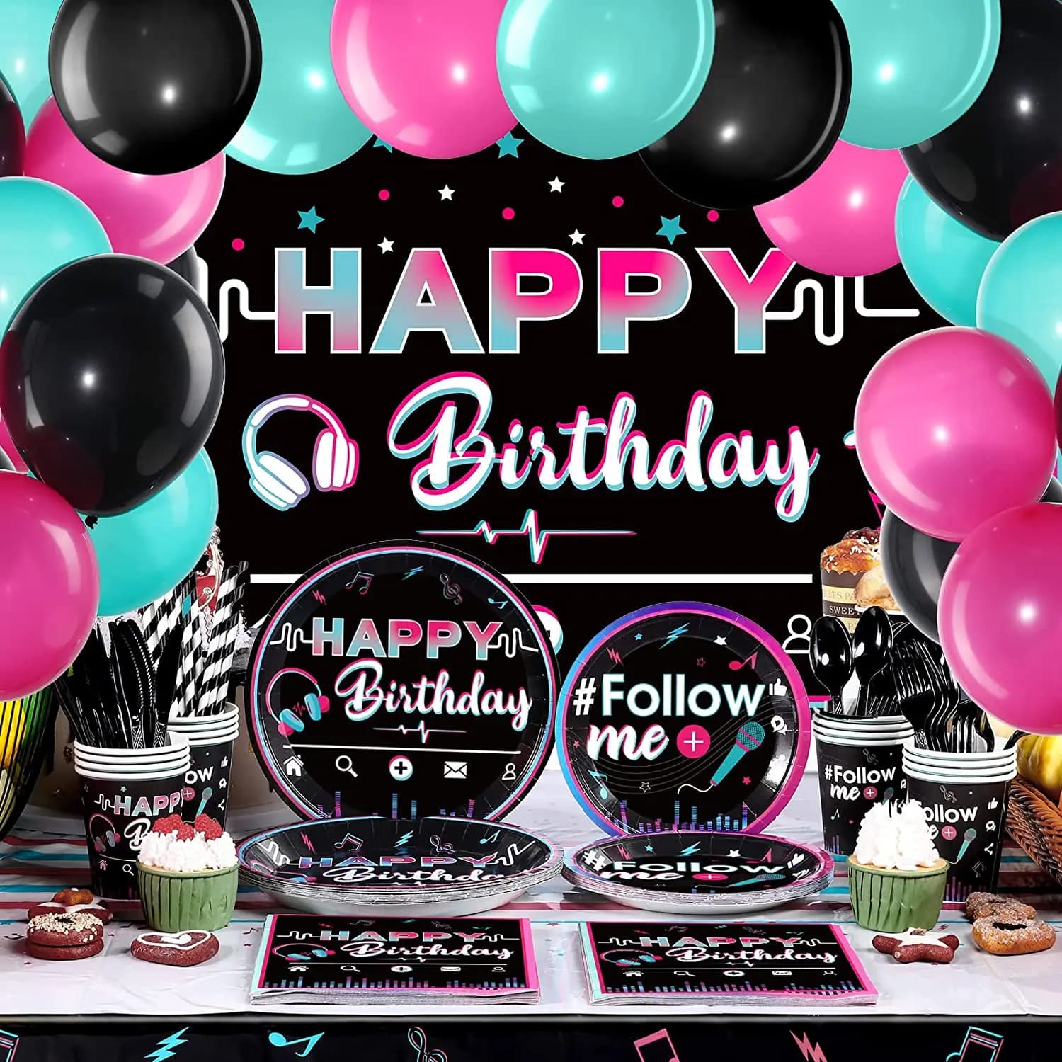 New Music Tik Party Decorations Tok Birthday Party Tableware Set Balloons Set Tablecloth Plates Cups Napkin Party Supplies
