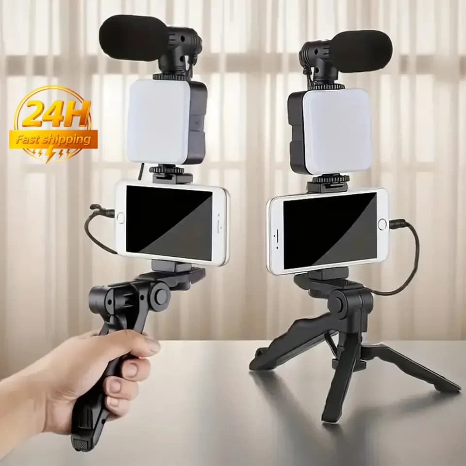 Smartphone Vlogging Kit With Tripod Phone Holder Mini Microphone LED Fill Light Starter For TikTok Live Stream Video YouTube