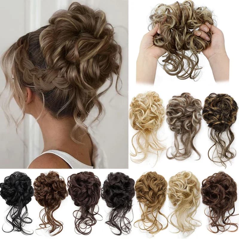 Synthetic Elegant Messy Curly Elastic Rubber Band Hair Bun Fluffy Easy to Style Suitable for Daily Use\'\[]\
