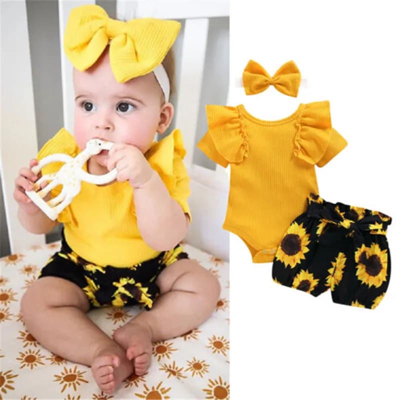 0-24months Baby Girl  3pcs Clothes Set Yellow Ruffled Romper + Sunflower Print Shorts + Bow Headband Set For Infant Girls