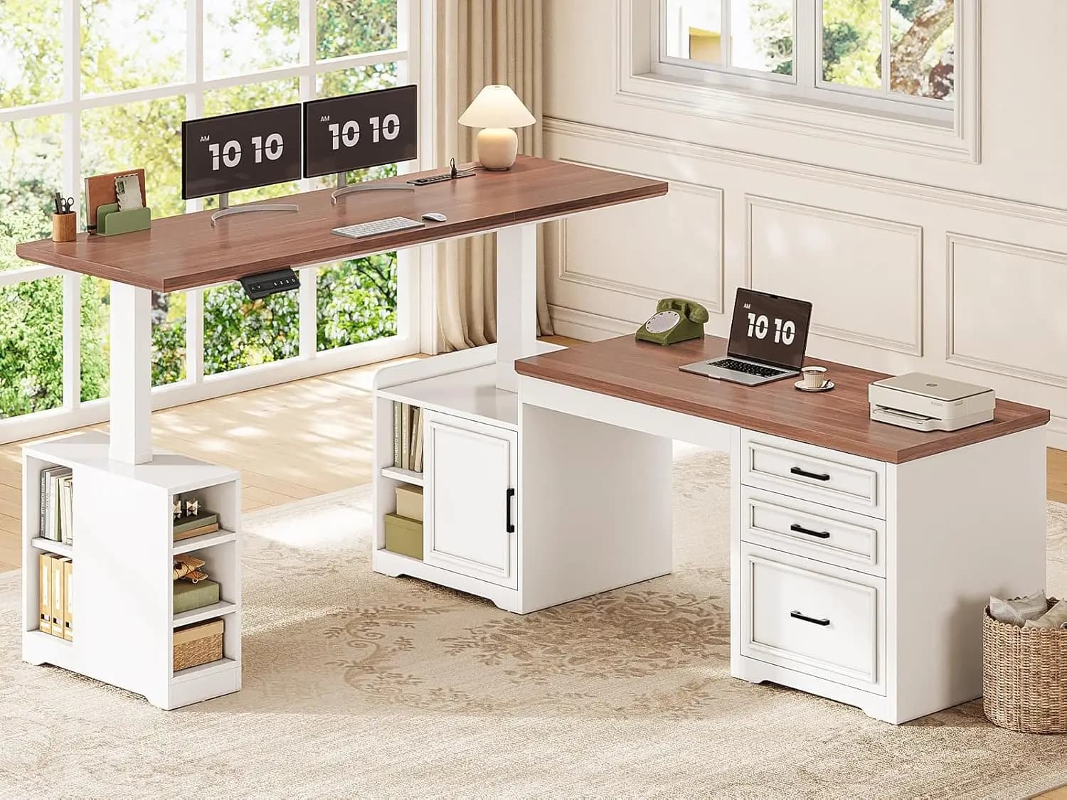 Farmhouse L Shaped Electric Standing Desk, 63" x 67" Height Adjustable Home Office Executive Desk with Drawers and Shelves, Stan