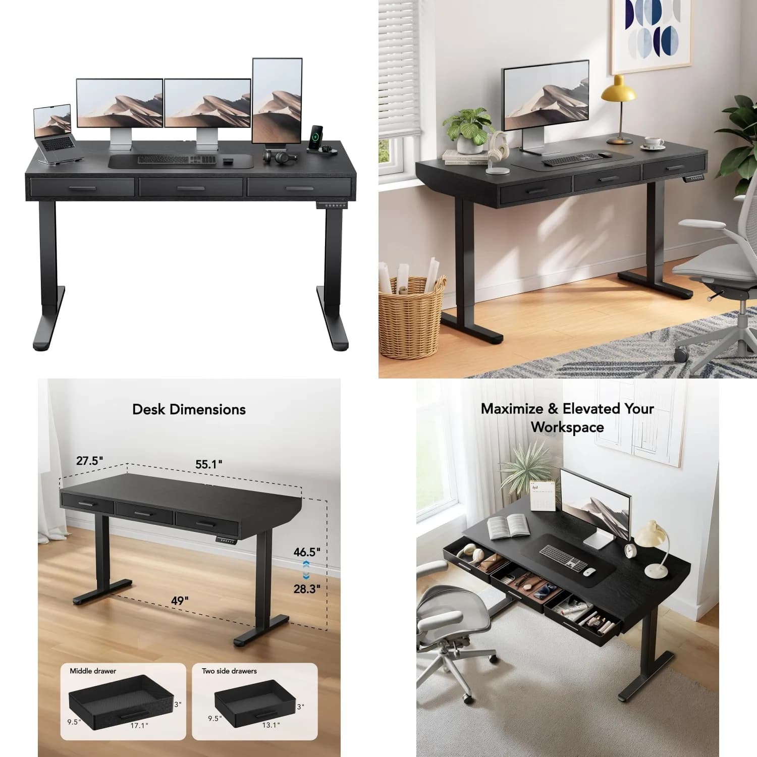 Electric Height Adjustable Desk with Fabric Drawers 55x28 Sit Stand Desk C-Clamp Mount 4 Memory Settings Home Office, Customized