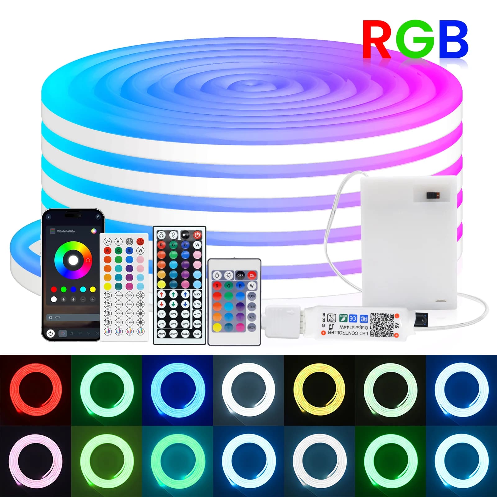 DC5V RGB LED Neon Light AA Battery Powered Bluetooth LED Strip SMD2835 108Leds/m Waterproof Ribbon Tape with Remote Control