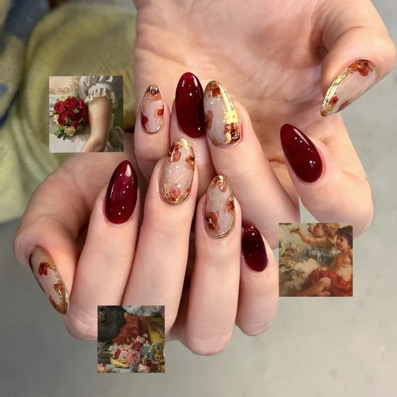 24Pcs Press-On Nail Set Gradient Red Rose Apricot Spicy Pink Burgundy Floral Designs Perfect Gift for Women and Friends