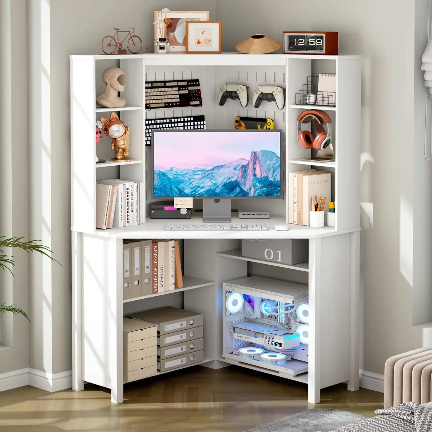 Corner Computer Desk W/ Shelves LED Light Charging Station File Cabinet Bookshelf Small Space Home Office, Customized