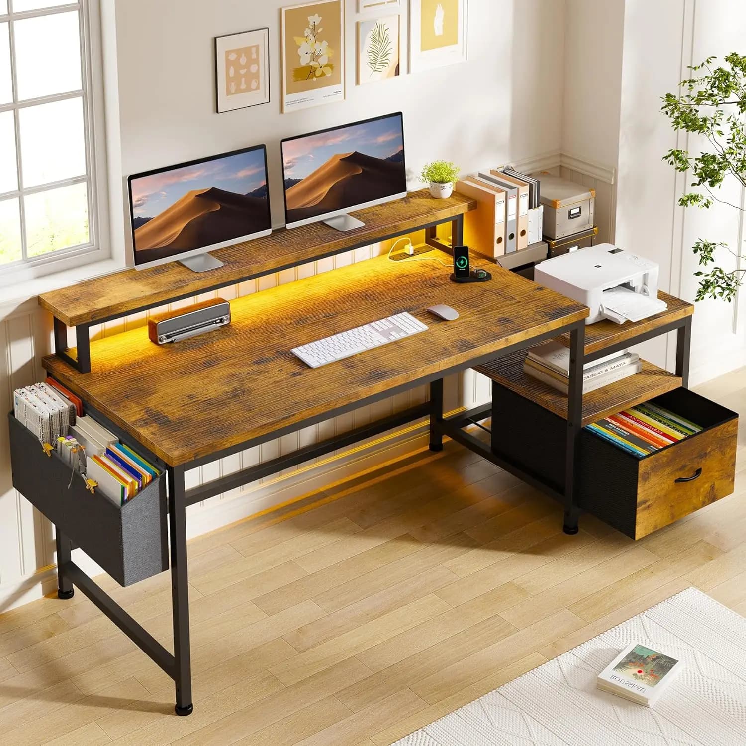 57" Office Desk with Drawers and Printer Space,Computer Desk with Power Outlets,Home Office Desks with File Drawers, Customized