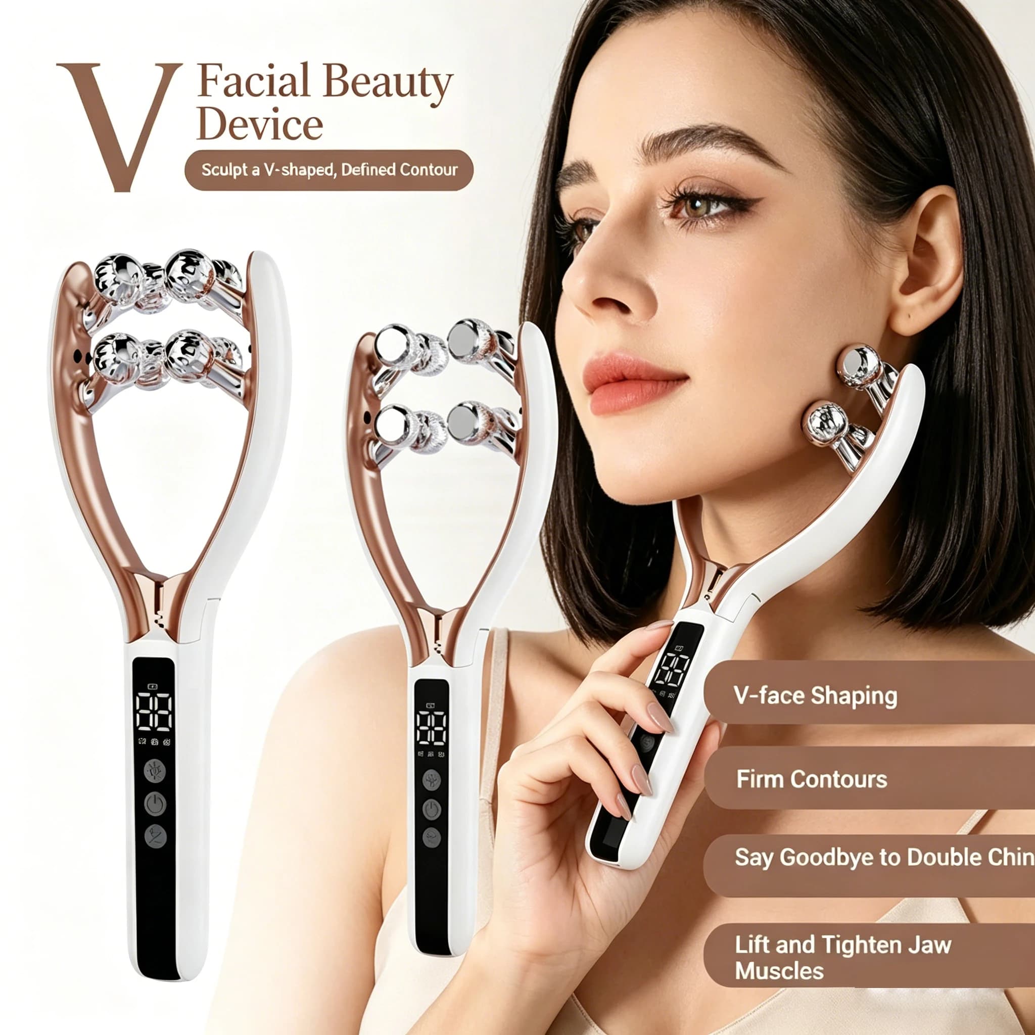 Facial Massager for Face and Neck V‑Shape Lifting Roller with Microcurrent Red Blue Light Therapy Vibrating Face Slimmer Device