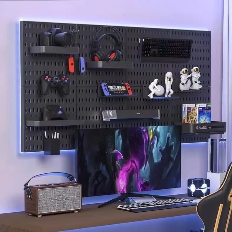 DIY Black Storage Rack Pegboard Wall Organizer Panel Shelves for Gamer Room Bathroom Kitchen - Home Organization Accessories