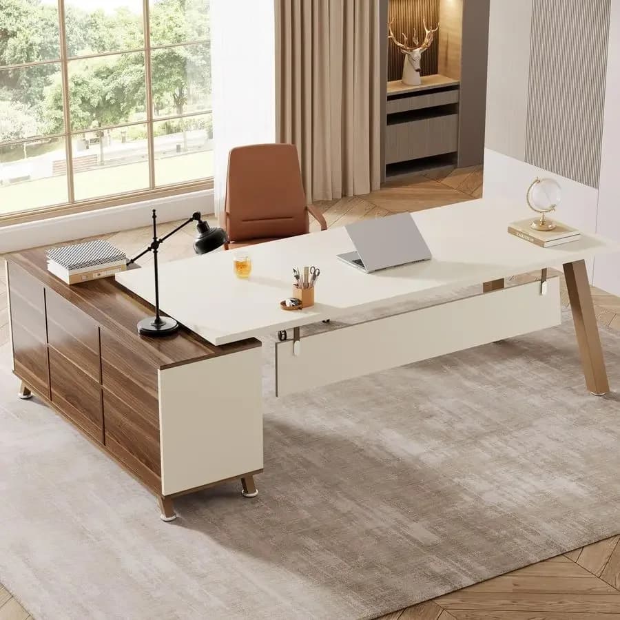 78.7Inch Executive Desk, LShaped Desk with 55Inch Cabinet, Large Office Desk with Storage Shelves, Modern Computer Desk for Hom