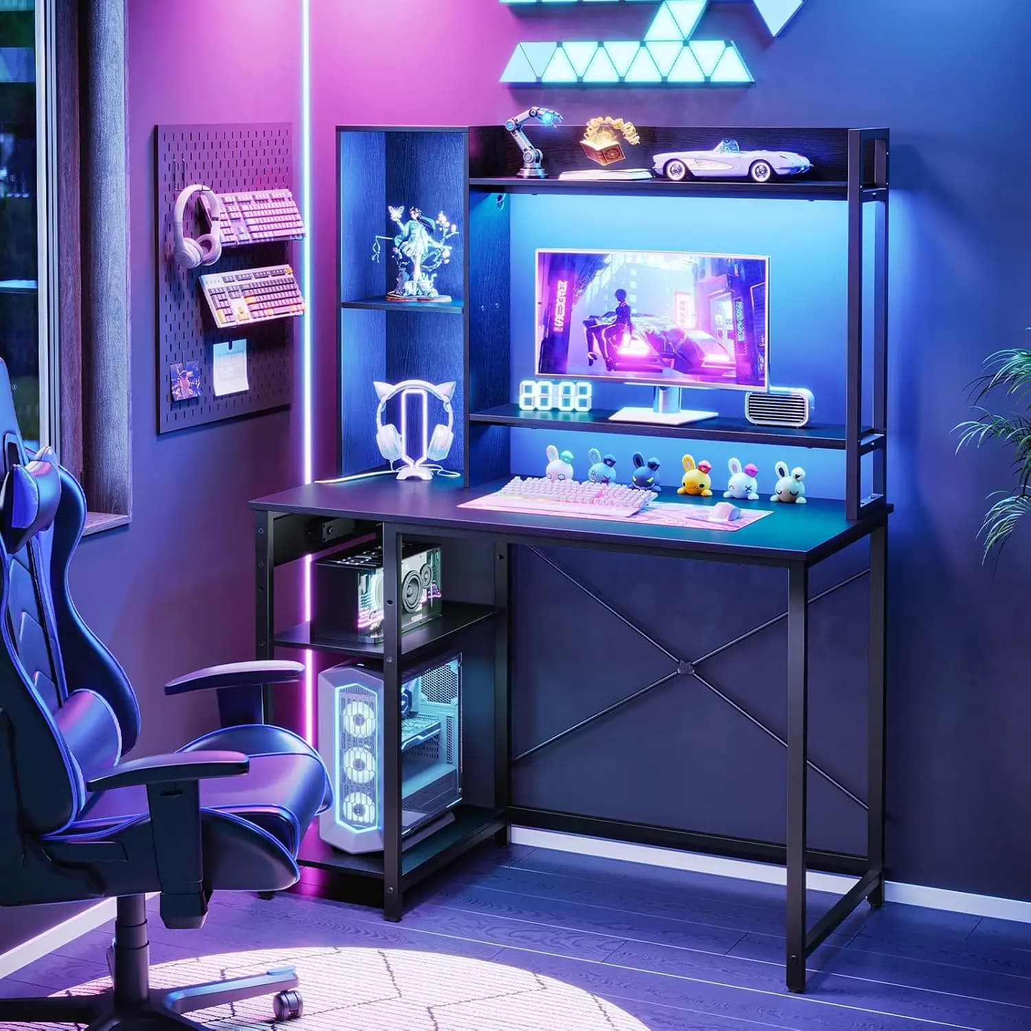 Computer Desk, Small Gaming Desk with LED and Outlets, Home Office Desk with Monitor Stand and Adjustable Shelf,, Customized