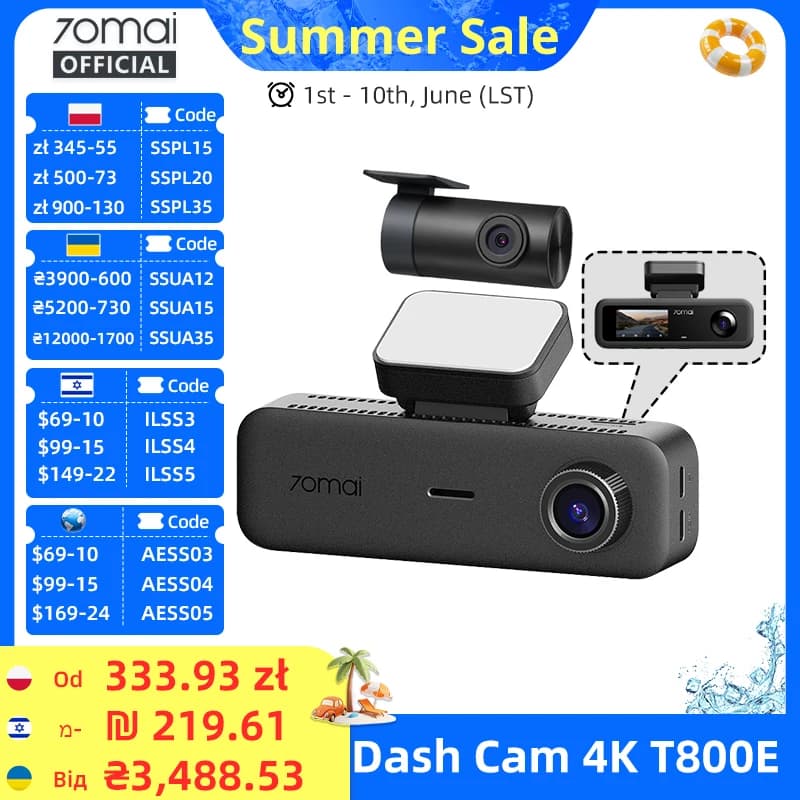 70mai T800E 3-Channel Front 4K + Rear 1080P + Interior 1080P HDR Supercapacitor 24H Parking GPS WiFi 6 70mai T800E Voice Control