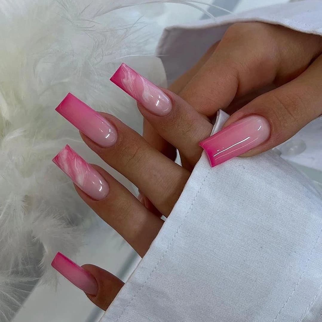 Pink White Halo Dyeing Gradient French Long Ballet Fake Nails Detachable Full Cover Finished False Nails Press on Nail with Glue