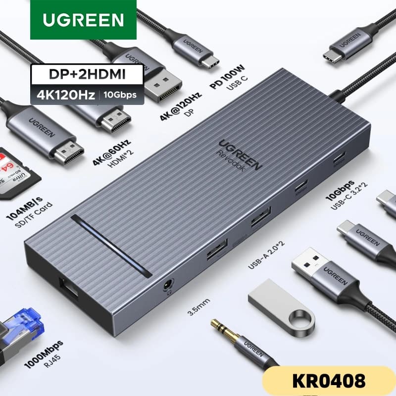 UGREEN 12-in-1 USB HUB Type-C to 2HDMI 4K120Hz DP USB3.2 10Gbps SD/TF RJ45 PD100W for MacBook Dell HP Laptop Accessories Docking