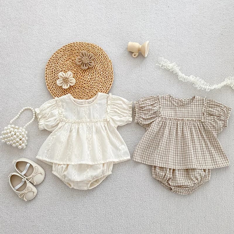 Girls Summer Fashion Set Children's Embroidered Grid Puff Sleeve Top+Shorts Two Piece Cute Baby Girls Clothes Set Baby Clothes