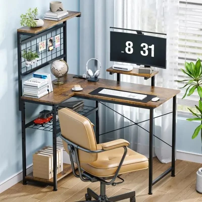 L Shaped Gaming Desk, Reversible Computer Desk with 4-Tier Shelves, Corner Desk with Pegboard, Home Office Desk with LED Lights