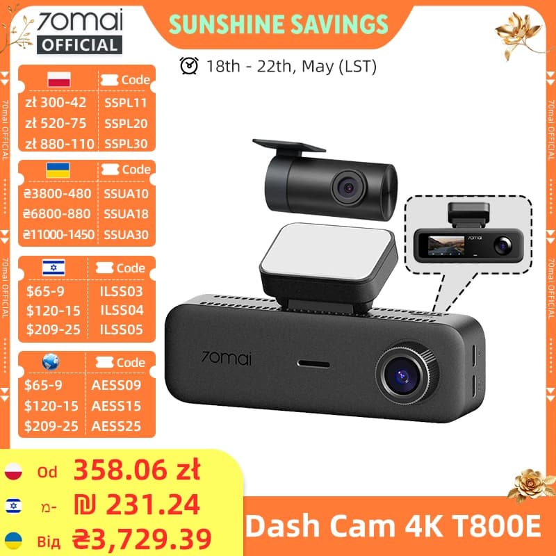 70mai T800E 3-Channel Front 4K + Rear 1080P + Interior 1080P HDR Supercapacitor GPS WiFi 6 70mai T800E Dash Cam Voice Control