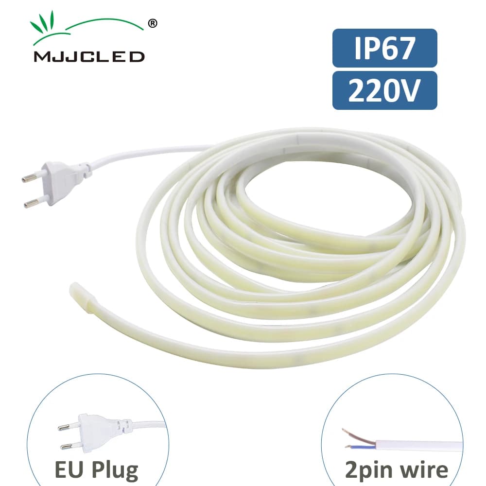 AC220V COB LED Strip Light IP67 Waterproof Flexible Ribbon 2Pin Wire/EU Plug Tape Lamp 3000K/4000K/6000K Outdoor Linear Lighting
