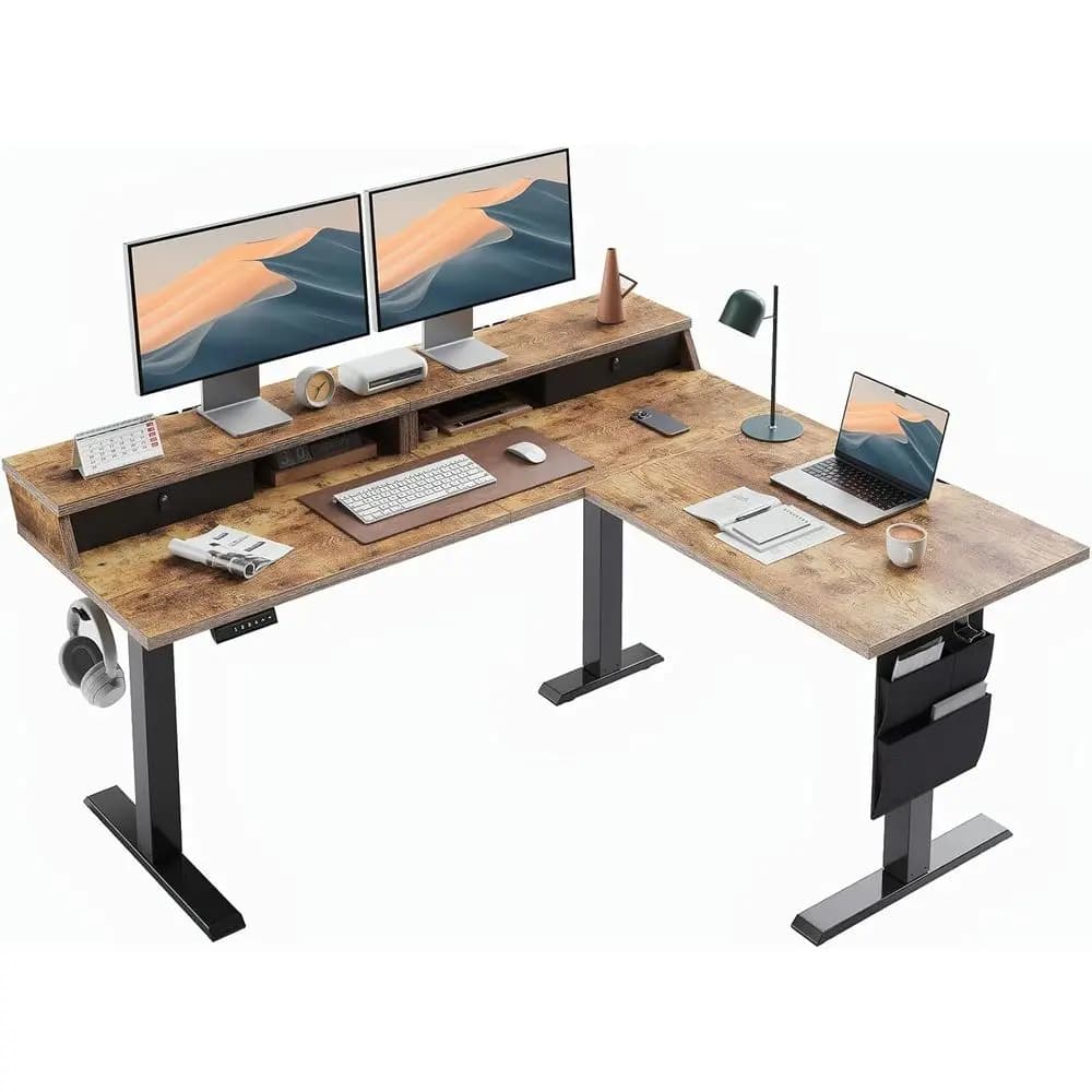 Vintage Brown 63 L-Shaped Electric Standing Desk with Storage for Home Office