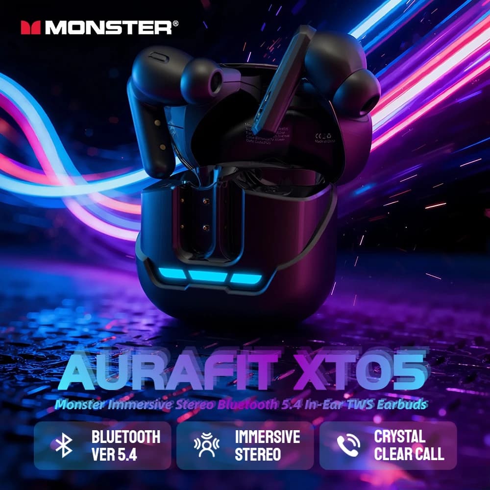Monster XT05 Wireless Bluetooth 5.4 Earphones In Ear TWS Wireless Earbuds Sports Bluetooth Headphones for iPhone Samsung Xiaomi