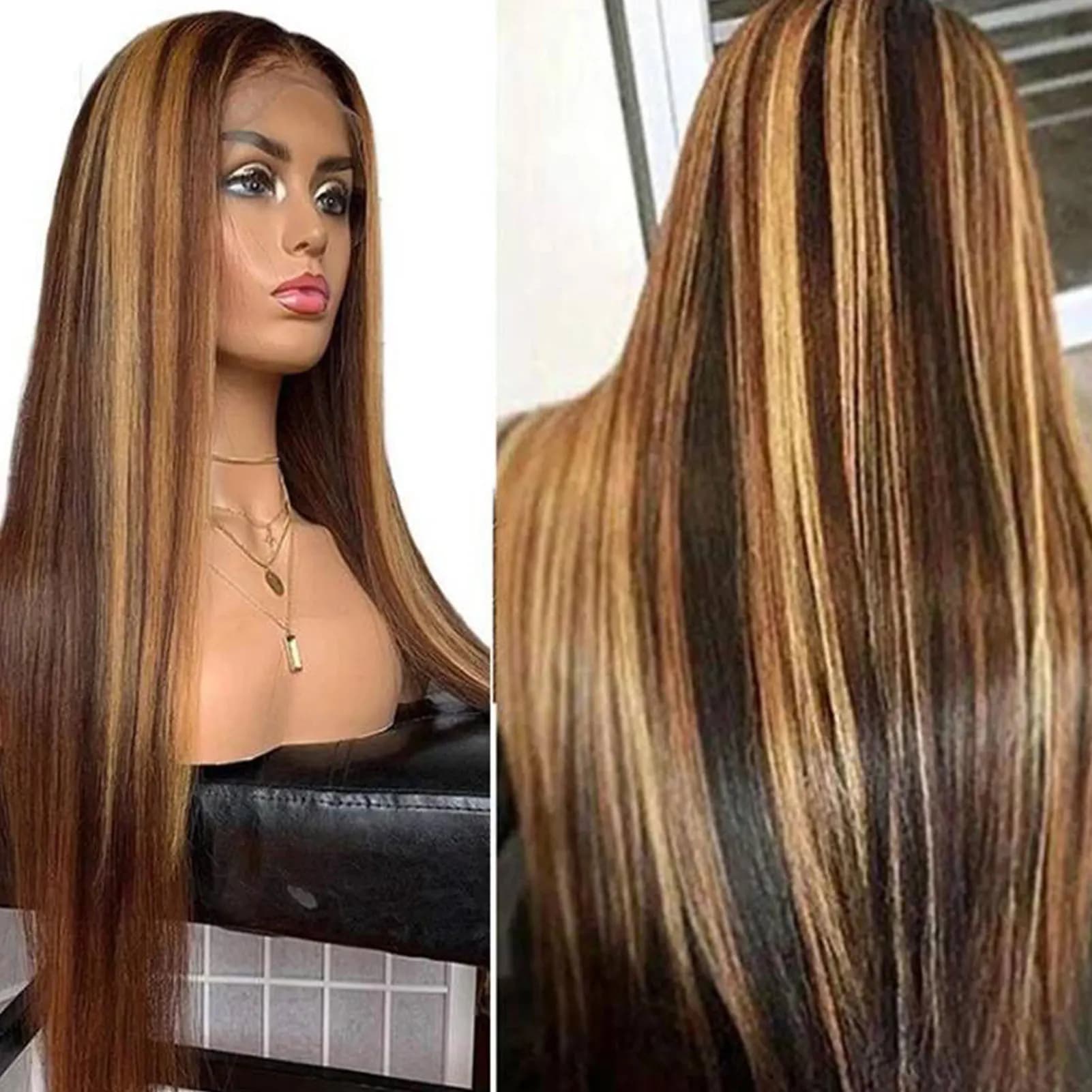 European American Wigs For Women With Blunt Bangs Gradient Highlights Heat Resistant Synthetic Fiber Fashion Style