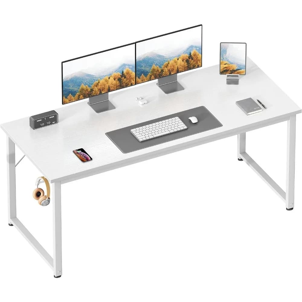 ODK 54 Inch White Computer Desk with Monitor Stand Large Legroom Sturdy Metal Frame Modern Simple Home Office Writing Desk