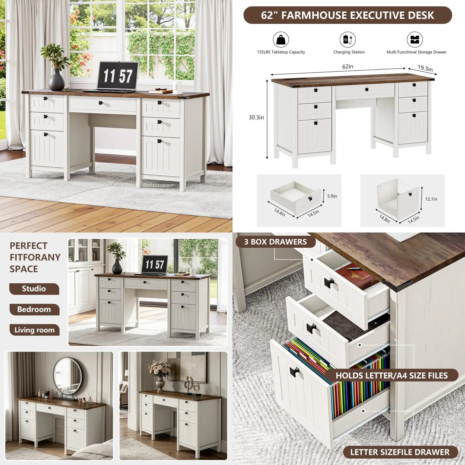 62in Farmhouse Desk Drawers Power USB Heavy Storage Home Office Customized