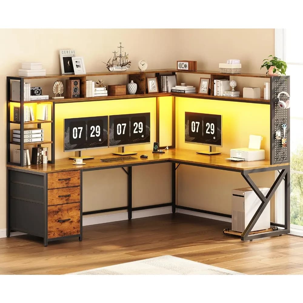 L Shaped Desk with Hutch and 3 Drawers, Convertible 94.5" Computer Desk with File Drawer, L Shaped Office Desk with, Customized