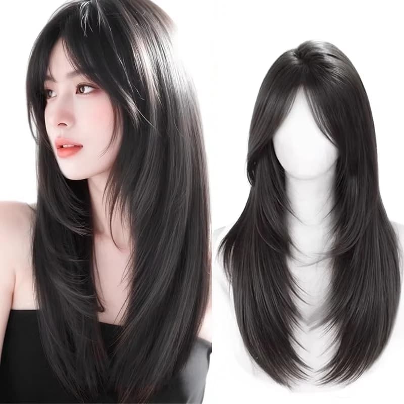 24inch Wigs Hair Black Wig Synthehtic Black Long Straight Hair with Layers Natural Fake Women Hairpiece for Daily Use