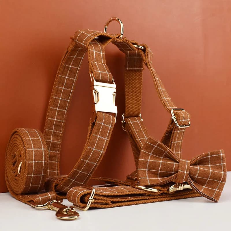 Top Seller Custom Design Logo Brown Grid Soft Cotton Pet Accessories Dog Collar Leashes Harness Bow Set Manufacturers Grid06