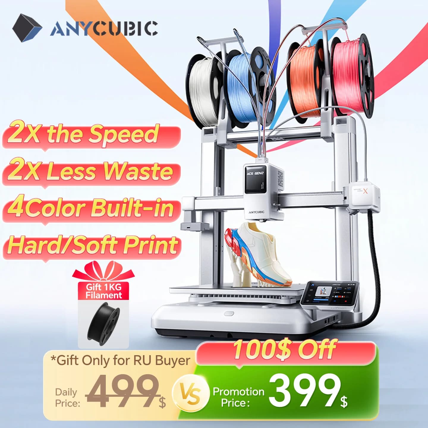 ANYCUBIC Kobra X 600mm/s Max Print Speed 3D Printer 2x Time & Material Savings Up To 19 Colors Printing AI Detection 3D Printer