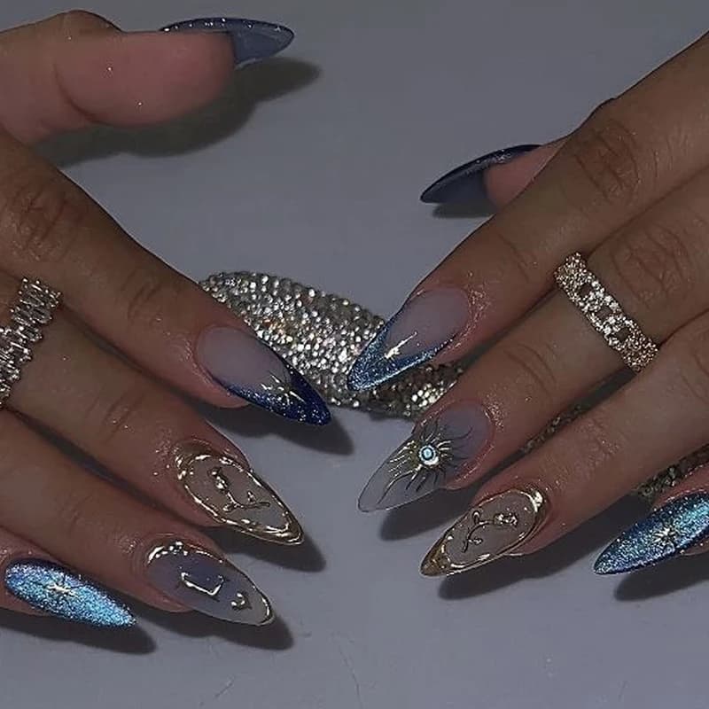 24PCS Blue Cat Eye French Pointed Nail Hand Pressed Nail 3D Gold Rose Rhinestone Sun Design Fake Nail Fully Covered Acrylic Nail