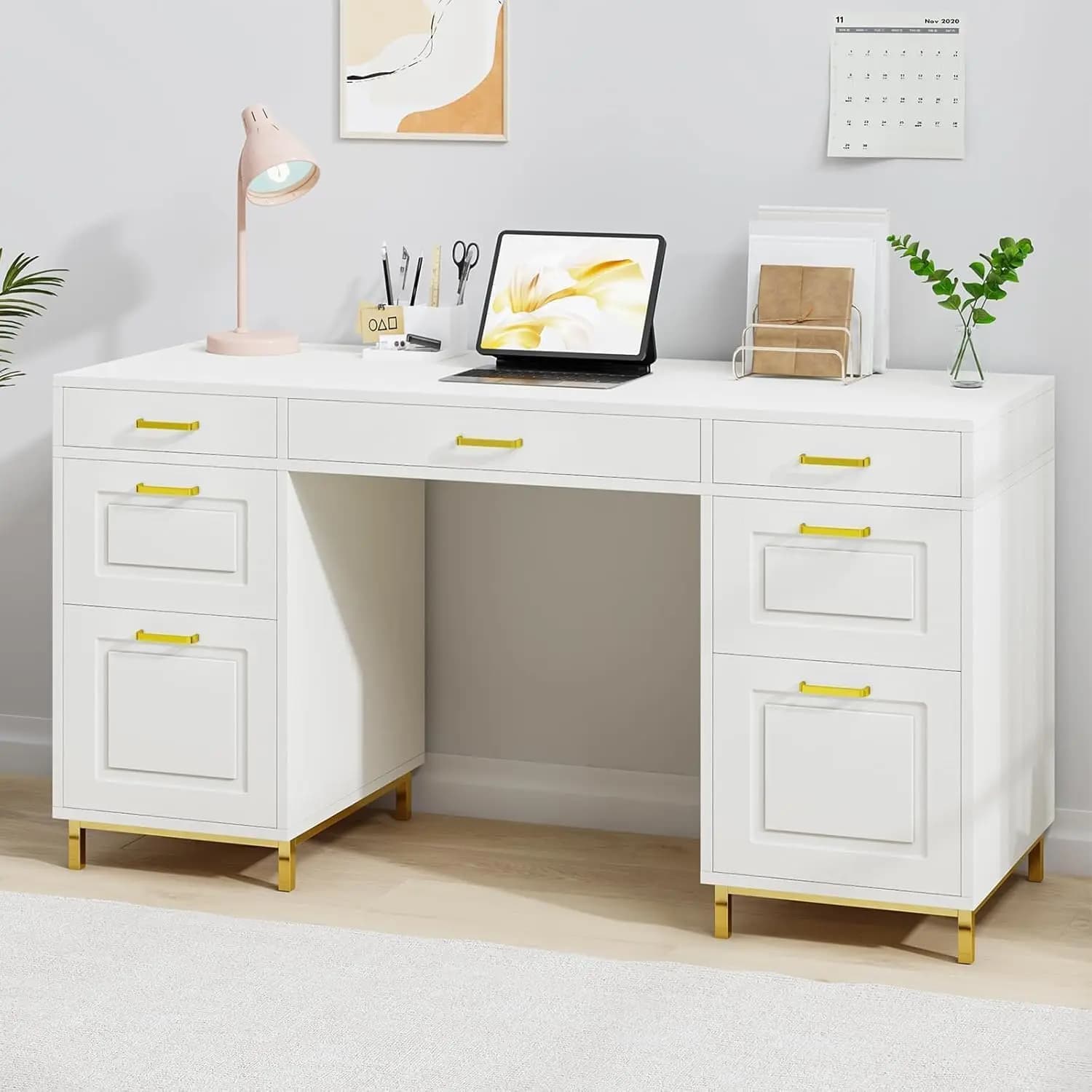 White and Gold Desk with 2 File Drawers, 57 Inch Office Computer Desk with 7 Drawers, White Desk with Storage,Customized