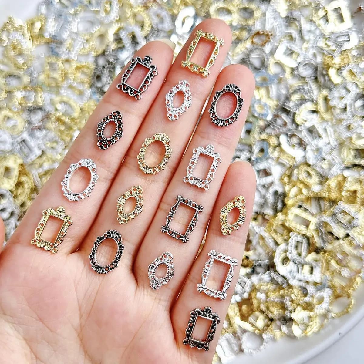 20PCS Hollowed-out Alloy Photo Frame Nail Charms Minimalist Geometric Three Colors Frame Nail Art Decorations DIY Nails Designs