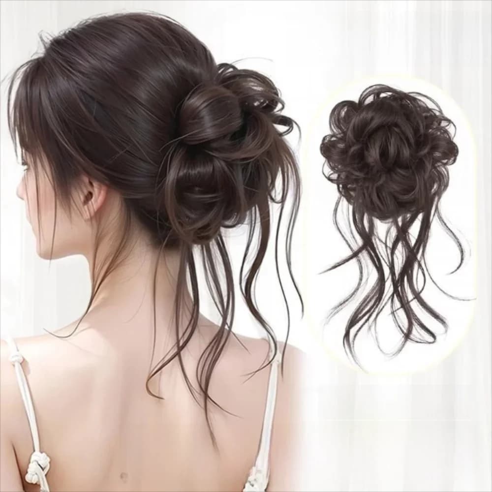 Elegant Messy Curly Synthetic Bun Hairpiece With Elastic Rubber Band Fluffy Bun Ponytail Hair Extension for Daily And Part Use