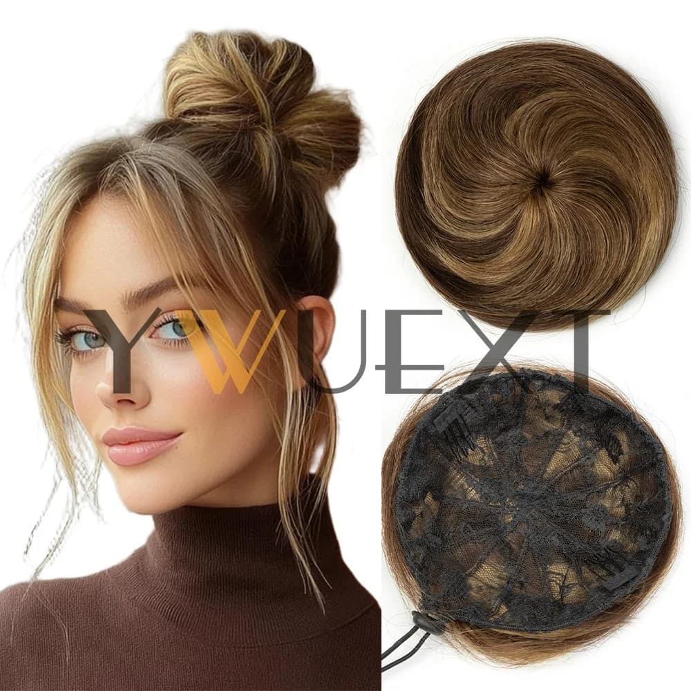 P4/27# Messy Hair Bun Hair Pieces Straight Scrunchie Updo with Elastic Rubber Band Extension Human Hair Ponytail Chignon Donut
