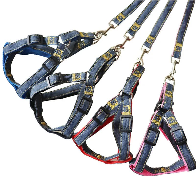 Denim Dog Collar Harness Pet Accessories Puppy Chest Strap Vest For Small Dogs Chihuahua Outdoor Walking Lead Leash Harnesses XS