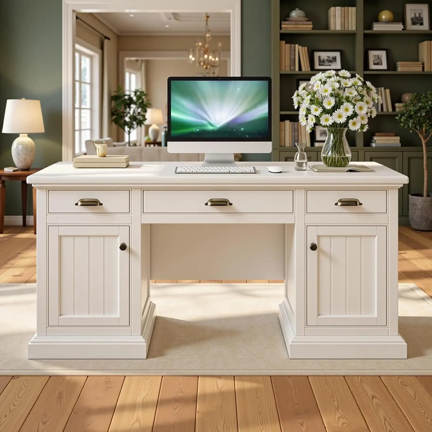 68" Executive Desk With 3 Drawers 2 Cabinets Fluted Panel Farmhouse Home Office Study Writing Table Pure White, Customized
