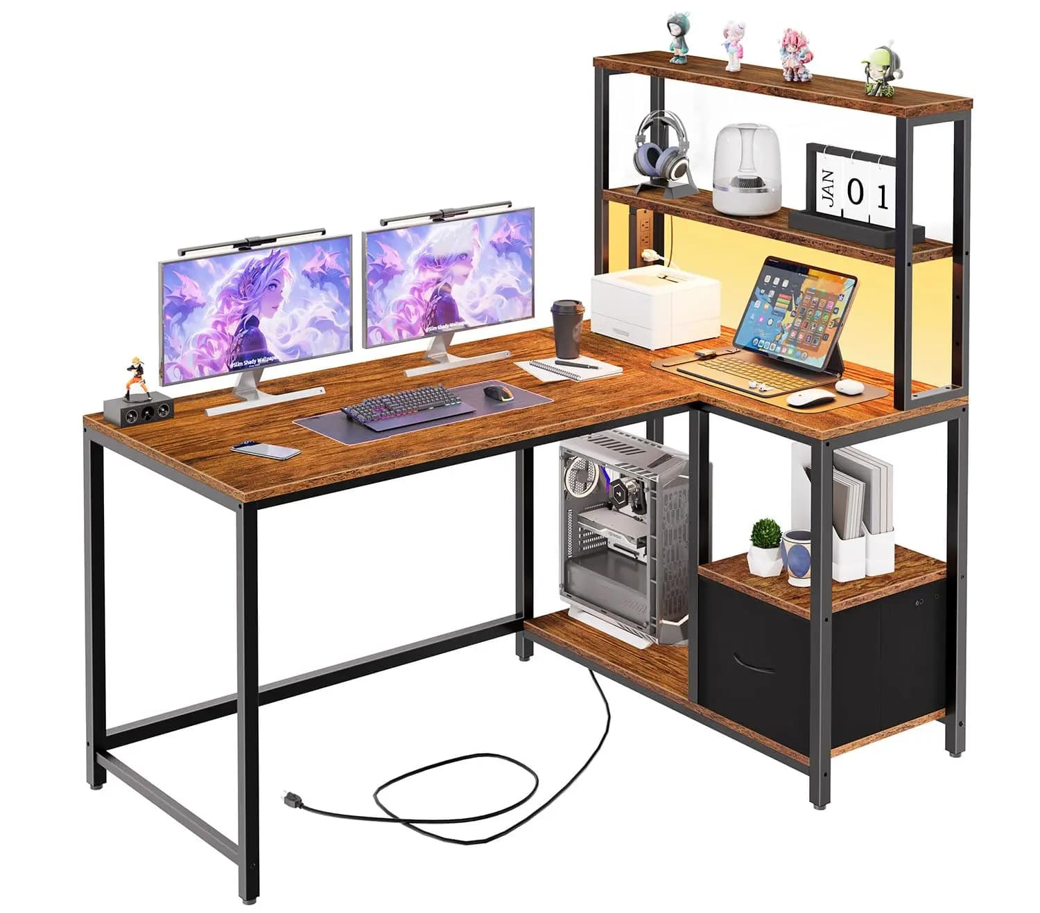 L Shaped Gaming Desk, 46 Inch Reversible Computer Desk with LED Light & Power Outlet, Office Desk with Storage, Customized