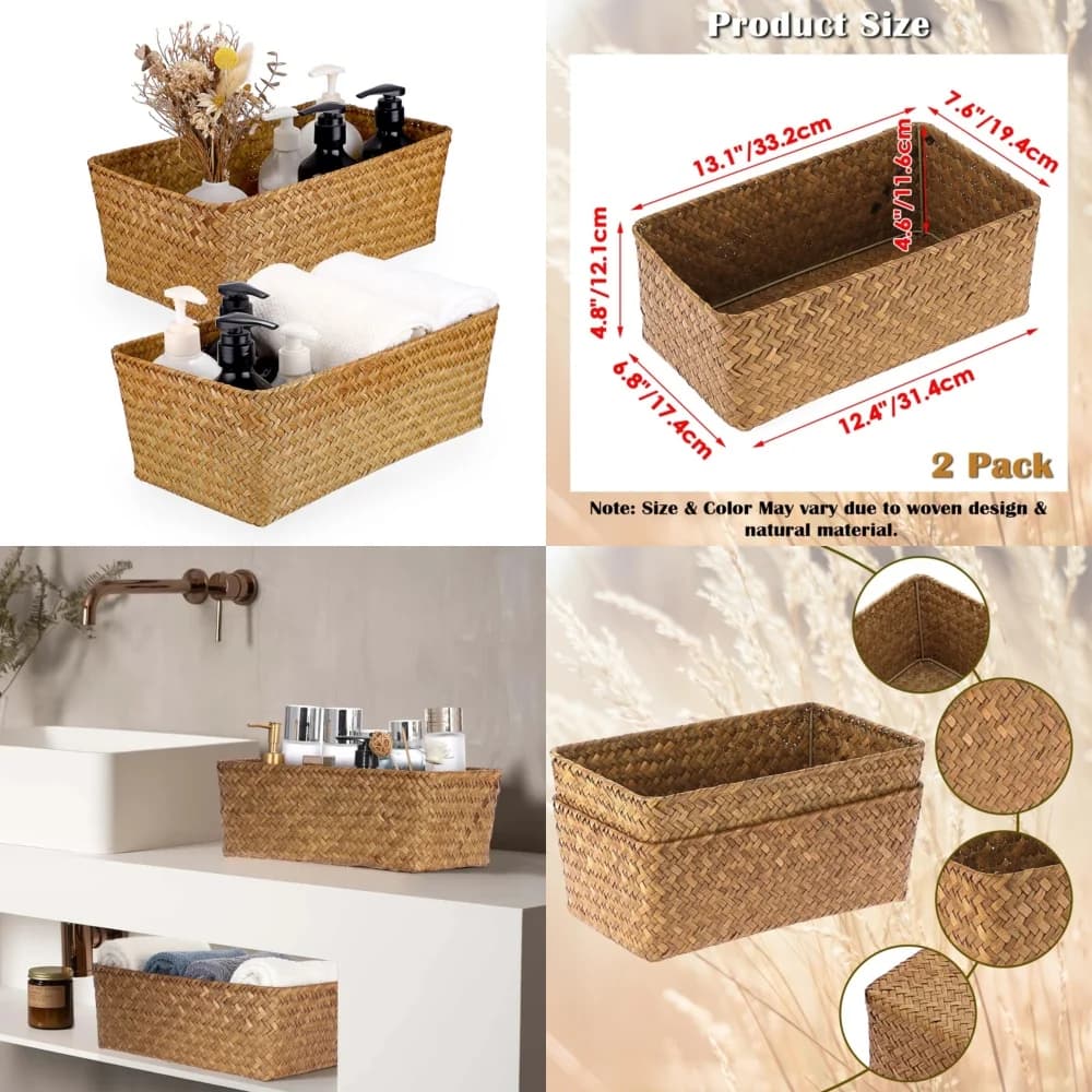 storage basketsSet of 2 Wicker Storage Baskets for Shelves Natural Home Organization Basket Simple Closet Drawer Organizer