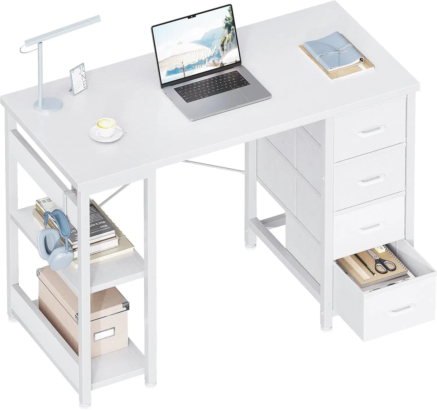 40in White Computer Desk with 4 Fabric Drawers Storage Shelves Home Office Gaming Study, Customized